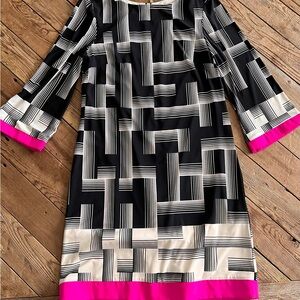 Size 6 Eliza J Black and Pink Geometric 3/4 Sleeve Dress